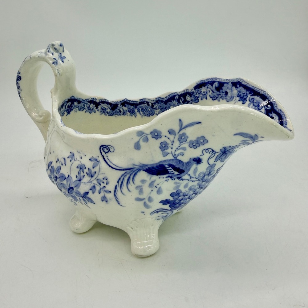 Antique‎ L & B Birds and Fruit Blue White Transferware Footed Gravy Boat